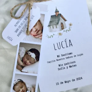 Invitación de bautizo con capilla, tira de 3 fotos, etiqueta y cordel de yute