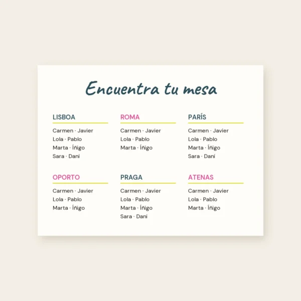 Seating de boda por ciudades, modelo dibujado en el taller