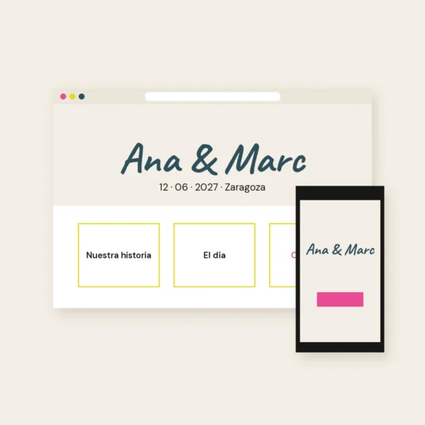 Web de boda en ordenador y móvil, modelo dibujado en el taller