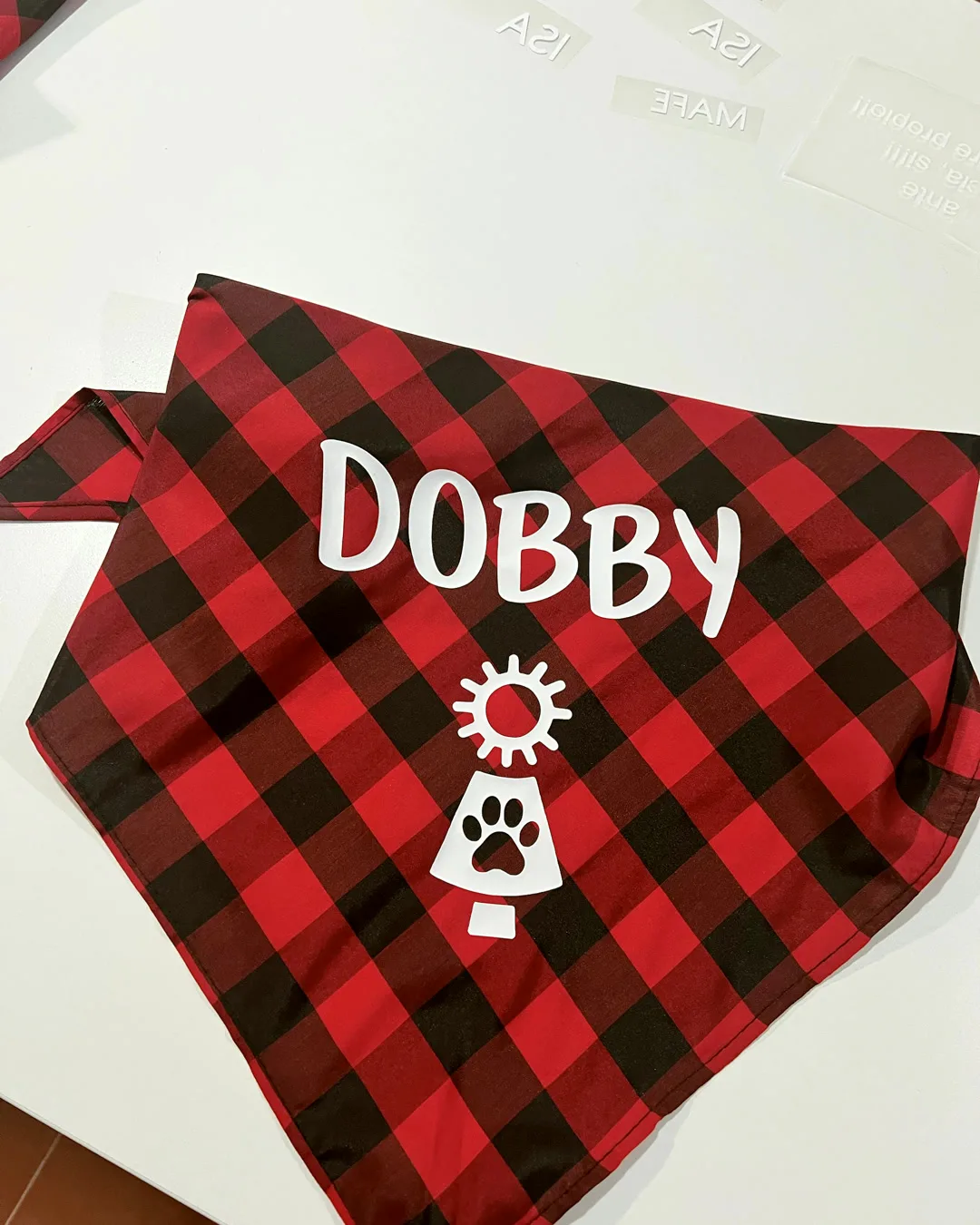 Pañuelo de vichy para perro con nombre, hecho en el taller