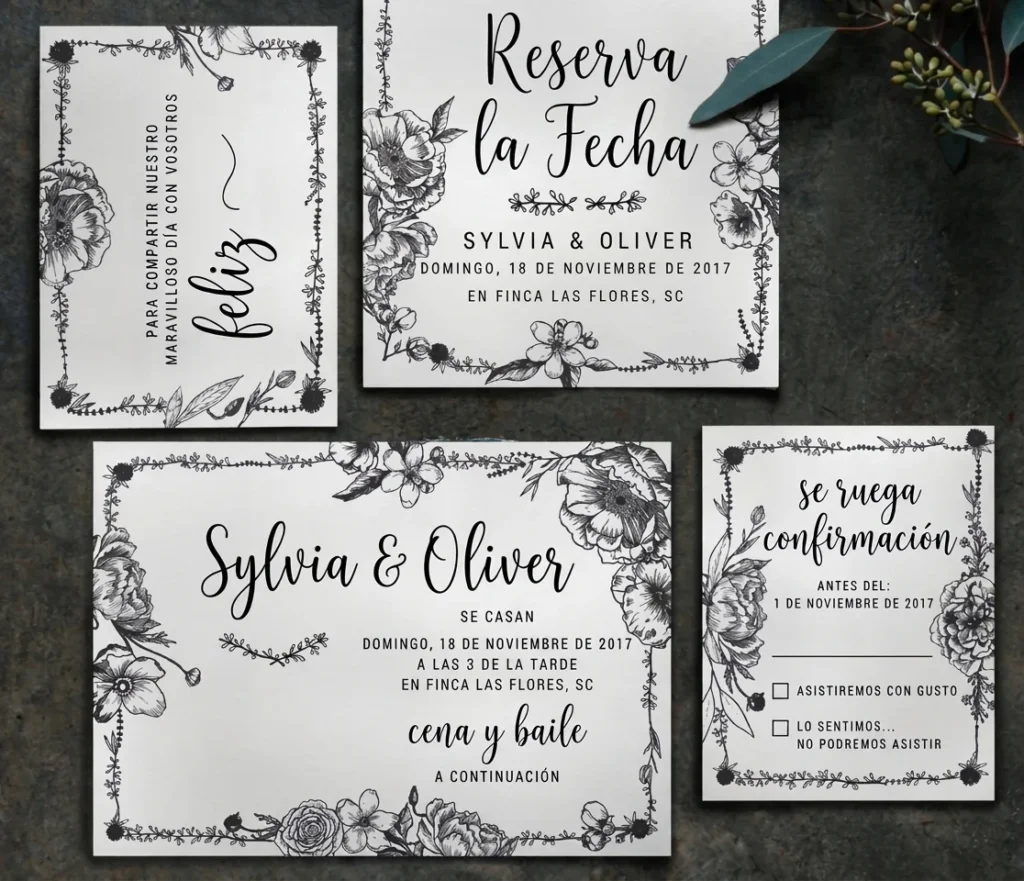 Conjunto de papelería de boda con flores en tinta (imagen orientativa)