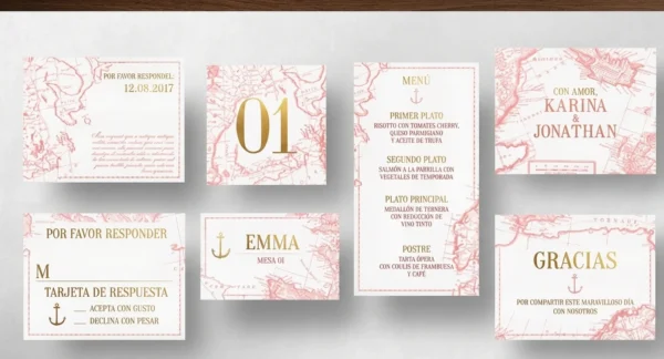 Conjunto de papelería de boda con mapa rosa (imagen orientativa)