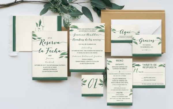 Conjunto de papelería de boda con hojas verdes (imagen orientativa)