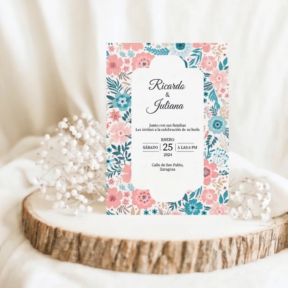 Invitación de boda floral rosa y azul (imagen orientativa)