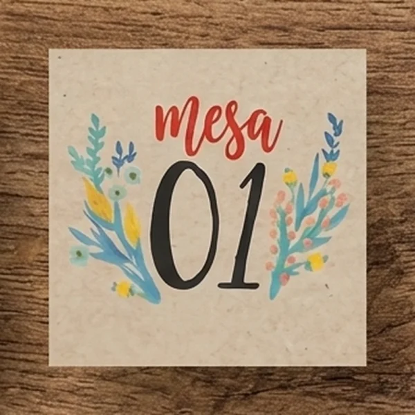 Número de mesa con flores sobre papel kraft (imagen orientativa)