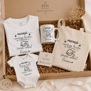 Caja regalo mamá y bebé con camiseta, body, taza y tote (imagen orientativa)