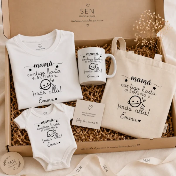 Caja regalo mamá y bebé con camiseta, body, taza y tote (imagen orientativa)