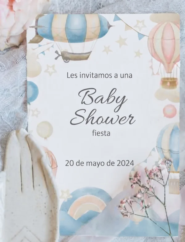 Invitación de baby shower con globos (imagen orientativa)
