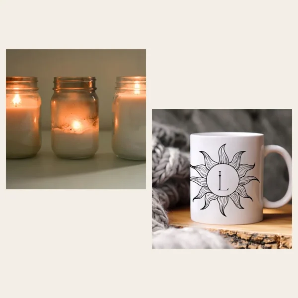 Vela y taza con nombre (imagen orientativa)